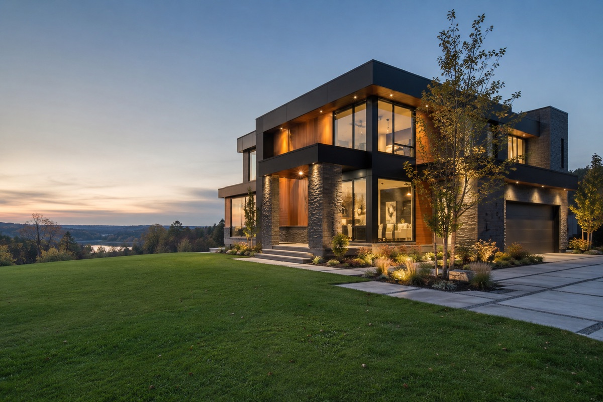 Modern luxury home exterior at dusk
